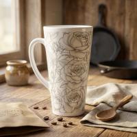 Set of 3 Cups, Floral, 17oz Latte Ceramic Mugs Set - Extra Tall Cup Set