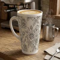 Set of 3 Cups, Floral, 17oz Latte Ceramic Mugs Set - Extra Tall Cup Set