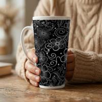 Set of 3 Cups, Floral, 17oz Latte Ceramic Mugs Set - Extra Tall Cup Set