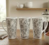 Set of 3 Cups, Floral, 17oz Latte Ceramic Mugs Set - Extra Tall Cup Set