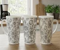 Set of 3 Cups, Floral, 17oz Latte Ceramic Mugs Set - Extra Tall Cup Set