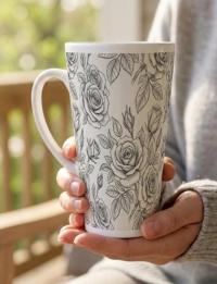 Set of 3 Cups, Floral, 17oz Latte Ceramic Mugs Set - Extra Tall Cup Set