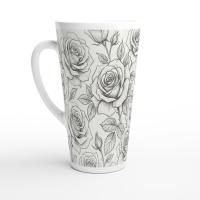 Set of 3 Cups, Floral, 17oz Latte Ceramic Mugs Set - Extra Tall Cup Set