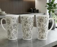 Set of 3 Cups, Floral, 17oz Latte Ceramic Mugs Set - Extra Tall Cup Set
