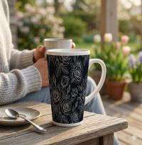 Set of 3 Cups, Floral, 17oz Latte Ceramic Mugs Set - Extra Tall Cup Set