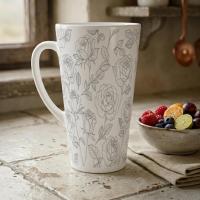 Set of 3 Cups, Floral, 17oz Latte Ceramic Mugs Set - Extra Tall Cup Set