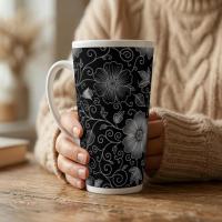 Set of 3 Cups, Floral, 17oz Latte Ceramic Mugs Set - Extra Tall Cup Set