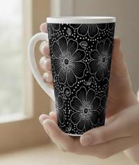 Set of 3 Cups, Floral, 17oz Latte Ceramic Mugs Set - Extra Tall Cup Set