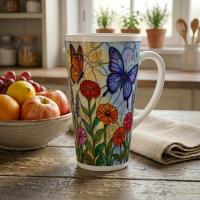Set of 3 Cups, Butterfly, 17oz Latte Ceramic Mugs Set - Extra Tall Cup Set