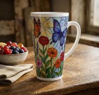 Set of 3 Cups, Butterfly, 17oz Latte Ceramic Mugs Set - Extra Tall Cup Set