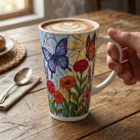 Set of 3 Cups, Butterfly, 17oz Latte Ceramic Mugs Set - Extra Tall Cup Set