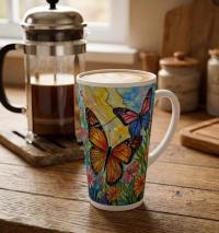 Set of 3 Cups, Butterfly, 17oz Latte Ceramic Mugs Set - Extra Tall Cup Set
