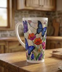 Set of 3 Cups, Butterfly, 17oz Latte Ceramic Mugs Set - Extra Tall Cup Set