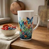 Set of 3 Cups, Butterfly, 17oz Latte Ceramic Mugs Set - Extra Tall Cup Set