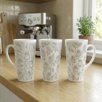 Set of 3 Cups, Floral, 17oz Latte Ceramic Mugs Set - Extra Tall Cup Set