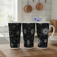 Set of 3 Cups, Floral, 17oz Latte Ceramic Mugs Set - Extra Tall Cup Set