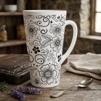 Set of 3 Cups, Floral, 17oz Latte Ceramic Mugs Set - Extra Tall Cup Set