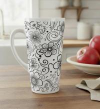 Set of 3 Cups, Floral, 17oz Latte Ceramic Mugs Set - Extra Tall Cup Set