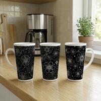 Set of 3 Cups, Floral, 17oz Latte Ceramic Mugs Set - Extra Tall Cup Set