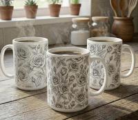 Set of Big Mugs, Floral Cup Set, Large 15 oz Matching Cups
