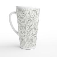 Set of 3 Cups, Floral, 17oz Latte Ceramic Mugs Set - Extra Tall Cup Set