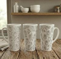 Set of 3 Cups, Floral, 17oz Latte Ceramic Mugs Set - Extra Tall Cup Set