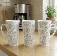 Set of 3 Cups, Floral, 17oz Latte Ceramic Mugs Set - Extra Tall Cup Set
