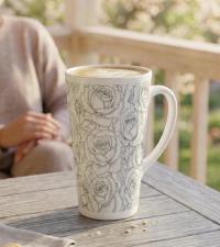 Set of 3 Cups, Floral, 17oz Latte Ceramic Mugs Set - Extra Tall Cup Set