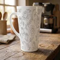 Set of 3 Cups, Floral, 17oz Latte Ceramic Mugs Set - Extra Tall Cup Set