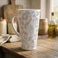 Set of 3 Cups, Floral, 17oz Latte Ceramic Mugs Set - Extra Tall Cup Set