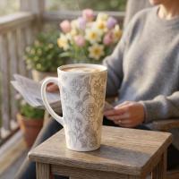 Set of 3 Cups, Floral, 17oz Latte Ceramic Mugs Set - Extra Tall Cup Set