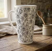 Set of 3 Cups, Floral, 17oz Latte Ceramic Mugs Set - Extra Tall Cup Set