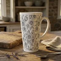 Set of 3 Cups, Floral, 17oz Latte Ceramic Mugs Set - Extra Tall Cup Set