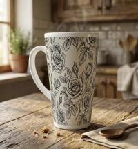 Set of 3 Cups, Floral, 17oz Latte Ceramic Mugs Set - Extra Tall Cup Set