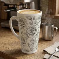 Set of 3 Cups, Floral, 17oz Latte Ceramic Mugs Set - Extra Tall Cup Set