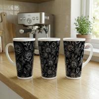 Set of 3 Cups, Floral, 17oz Latte Ceramic Mugs Set - Extra Tall Cup Set