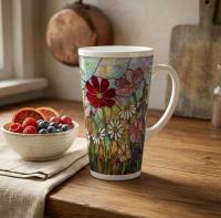 Floral - Large Latte Mug - Coffee or Tea Cup, 17oz Ceramic, Extra Tall