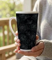 Set of 3 Cups, Floral, 17oz Latte Ceramic Mugs Set - Extra Tall Cup Set