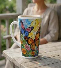 Set of 3 Cups, Butterfly, 17oz Latte Ceramic Mugs Set - Extra Tall Cup Set