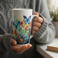 Set of 3 Cups, Butterfly, 17oz Latte Ceramic Mugs Set - Extra Tall Cup Set