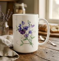 Sweet Pea, Floral Mug set, Large and Small Cups, 11oz or 15oz Ceramic Mugs