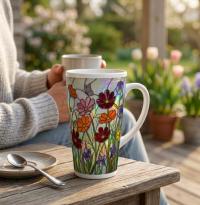 Floral - Latte 17oz Ceramic Mug - Coffee or Tea Cup, Extra Tall