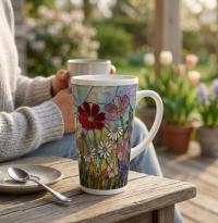 Floral - Large Latte Mug - Coffee or Tea Cup, 17oz Ceramic, Extra Tall