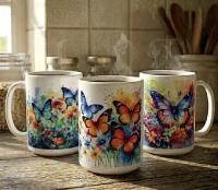 Set of Big Mugs, Butterfly Cup Set, Large 15 oz Matching Cups