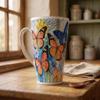 Set of 3 Cups, Butterfly, 17oz Latte Ceramic Mugs Set - Extra Tall Cup Set