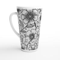Set of 3 Cups, Floral, Large 17oz Latte Ceramic Mugs - Extra Tall Cup Set