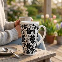 Set of 3 Cups, Floral, Large 17oz Latte Ceramic Mugs - Extra Tall Cup Set