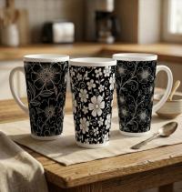 Set of 3 Cups, Floral, Large 17oz Latte Ceramic Mugs - Extra Tall Cup Set