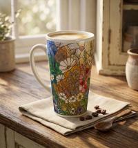 Set of 3 Cups, Floral, Large 17oz Latte Ceramic Mugs - Extra Tall Cup Set