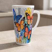 Set of 3 Cups, Butterfly, 17oz Latte Ceramic Mugs Set - Extra Tall Cup Set